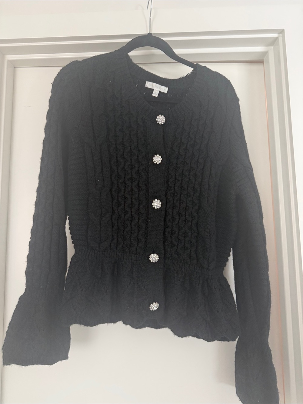 Design History Black Cable-Knit Peplum Cardigan with Rhinestone Flower Buttons